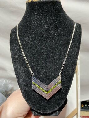 Silver Tone Chevron Necklace with Lime Green Rhinestones
